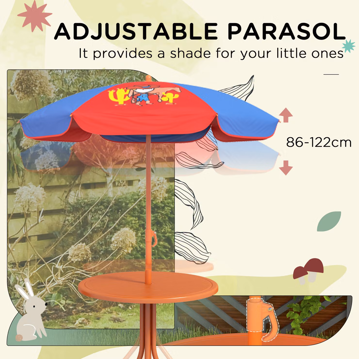 Outsunny Cowboy Campout Childrens Picnic Set with Foldable Seats and Adjustable Parasol in Multicolour – 4
