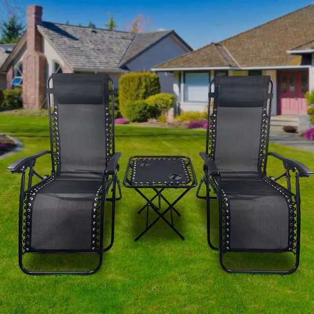 Birchtree Black Sun Recliner Table Set with Textilene Fabric and Powder Coated Steel Frame