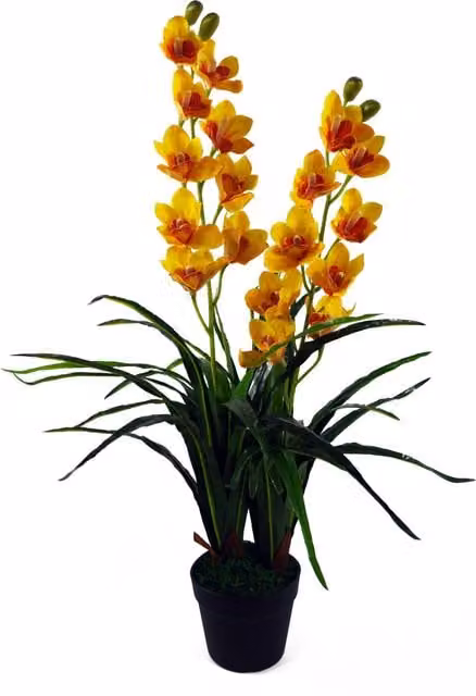 Artificial Potted Cymbidium Orchid Plant with Yellow Flowers and Green Leaves
