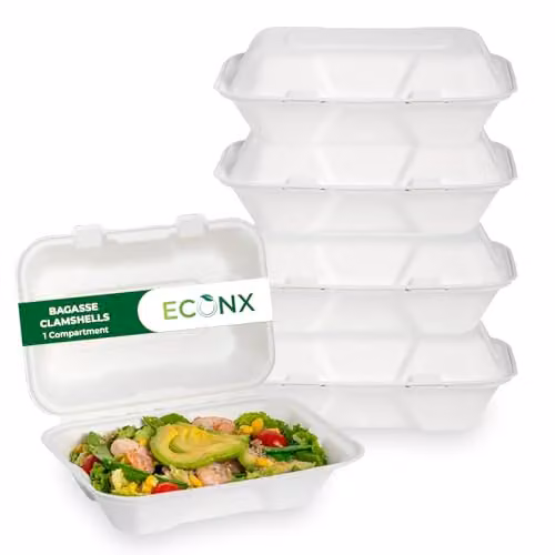 ECONX 50pcs White Disposable Bagasse Clamshell Takeaway Food Boxes with Lids, 1 Compartment, 22.86 x 15.24 x 7.7 cm