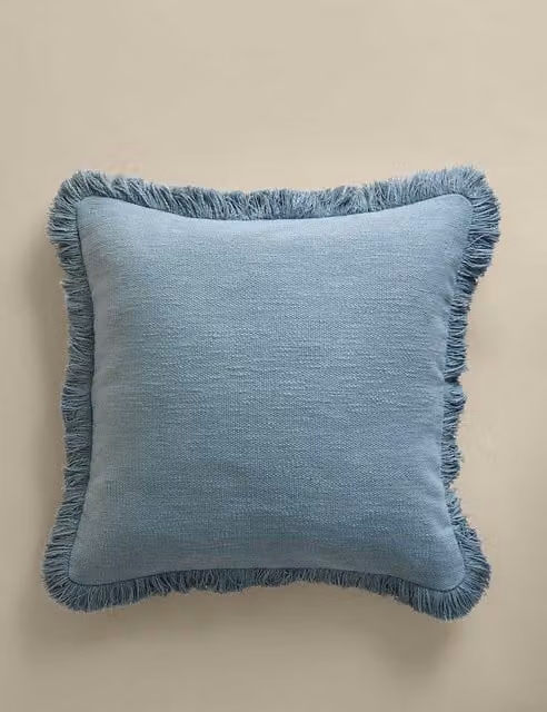M&S Pure Cotton Textured Fringe Cushion in Slate Blue