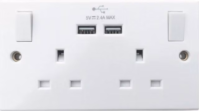 Dealforanyoccasion 2 Gang Double Wall Socket with Dual USB Charging Ports, 13A Switched Plug Outlet, White