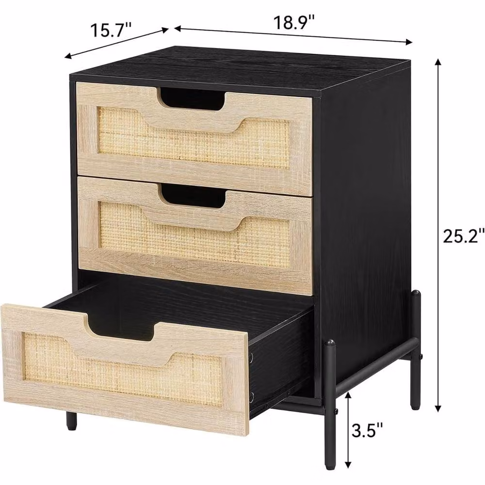 Havendro Rattan Bedside Table with 3 Drawers and Metal Legs in Black and Multicolour, W: 39.88 cm, D: 39.88 cm, H: 64 cm – 2
