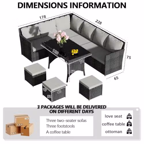 BIRCHTREE 9 Seater Black Rattan Garden Furniture Set with L-Shape Sofa, Ottoman and Coffee Table – 4