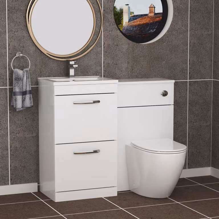 Royal Bathrooms Turin Gloss White Minimalist Floor Standing Bathroom Furniture Pack with 2-Drawer Vanity Unit and Slim Elva Toilet