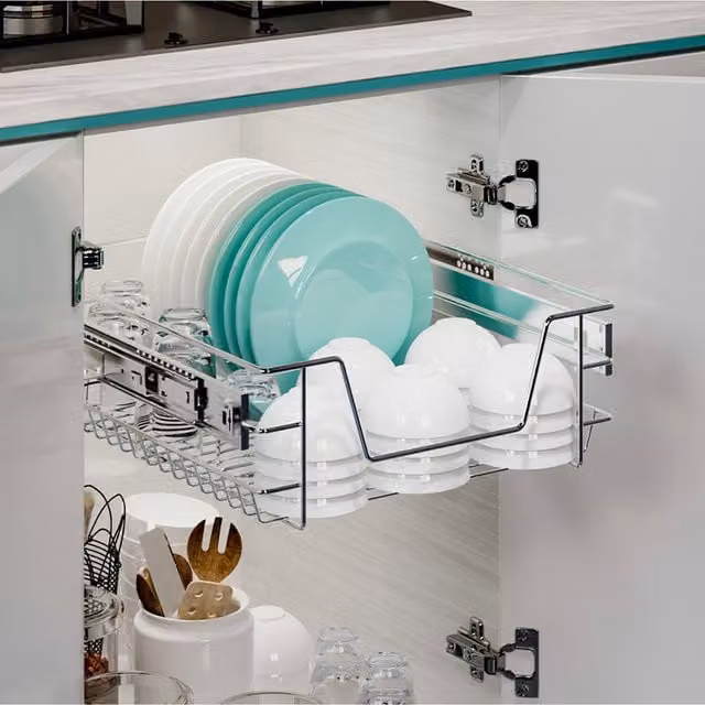 Livingandhome Silver Metal Pull Out Wire Under Shelf Kitchen Storage Basket