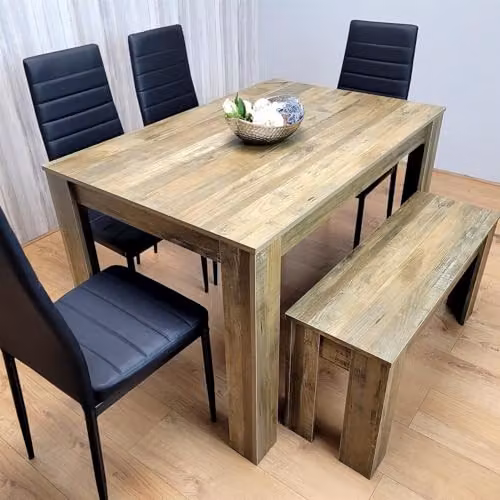 KOSY KOALA Rustic Wooden Dining Table Set for 6 with 4 Black Leather Chairs and 1 Bench in Brown and Black – 4
