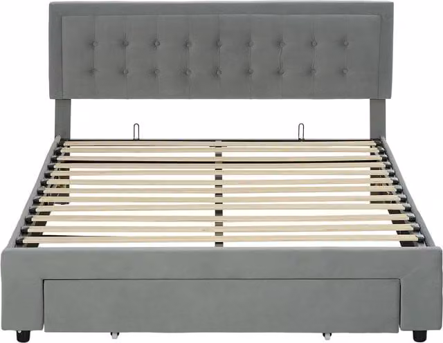 HOMCOM King Size Ottoman Bed Frame in Grey with Front Drawer and Adjustable Headboard, W/D/H: 180 x 203.5 x 157.5 cm – 1