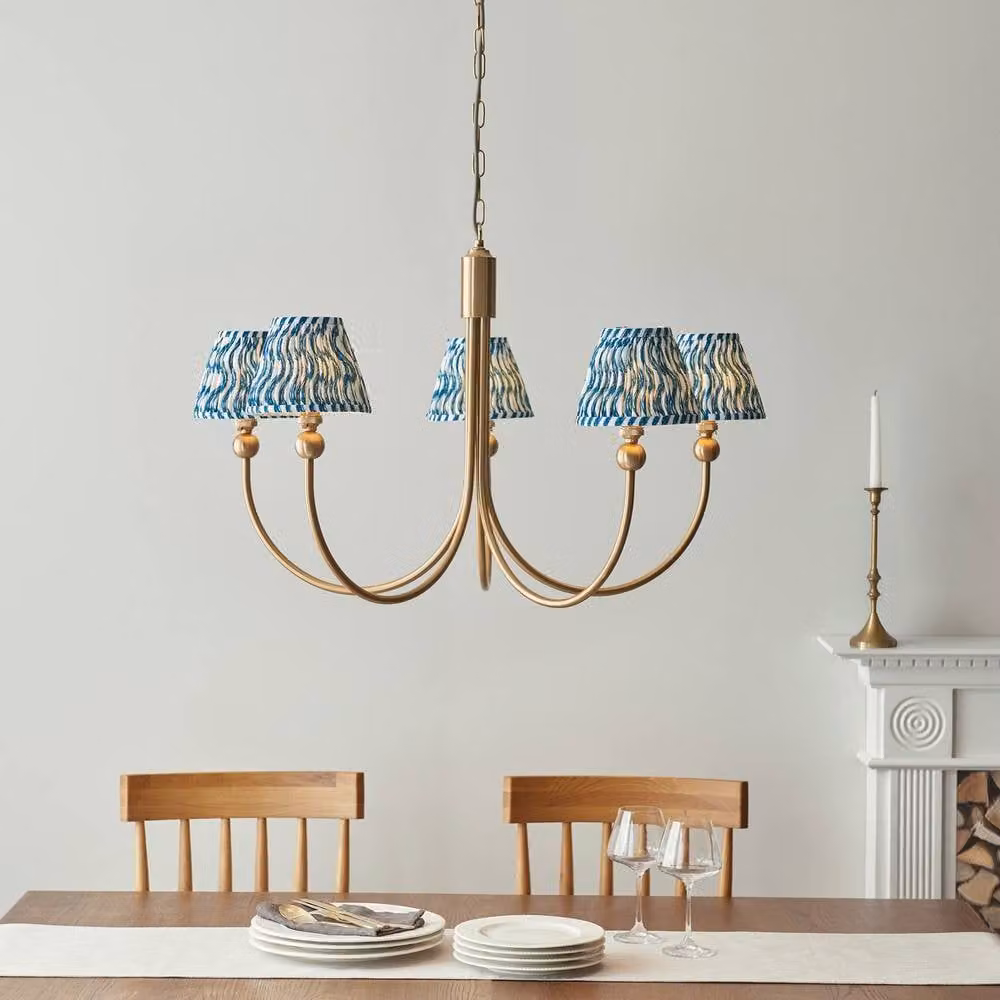 Netlighting Santiago Pendant Light with Blue Fabric Ripple Shade and Gold Brass Finish, Diameter: 16 cm, 5 x B22 – 2