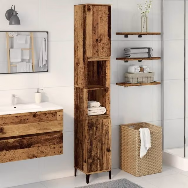 Berkfield Home Old Wood Bathroom Cabinet in Brown, W/D/H: 30 x 30 x 190 cm