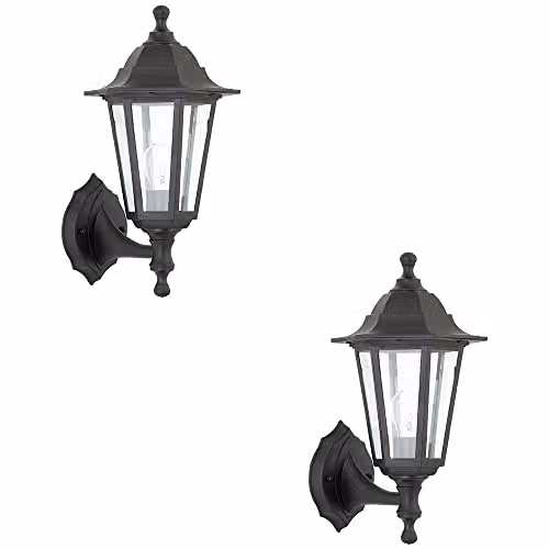 Loops 2 Pack Traditional Black Lantern Outdoor Wall Lights with Transparent Glass, IP44 Rated, Dimmable, E27 LED Compatible – 1
