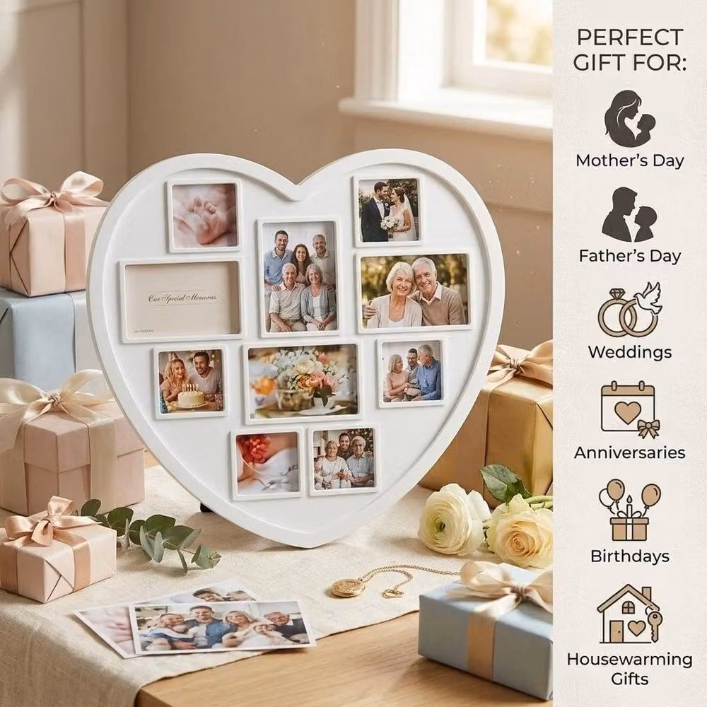 FLAVORA 10-Piece Heart Shaped Hanging Wall Multi White Picture Frames – 4