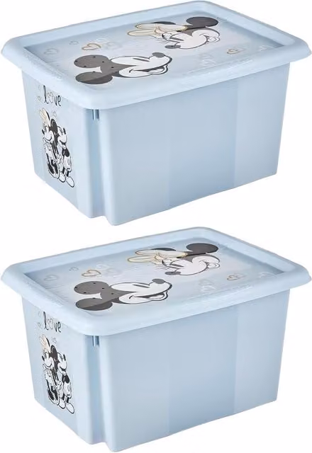 Keeeper Set of 2 Mickey Mouse Turn Around Stackable Boxes with Lid, 15 Litre, Cloudy Blue, W/D/H: 38.0 x 28.5 x 20.5 cm