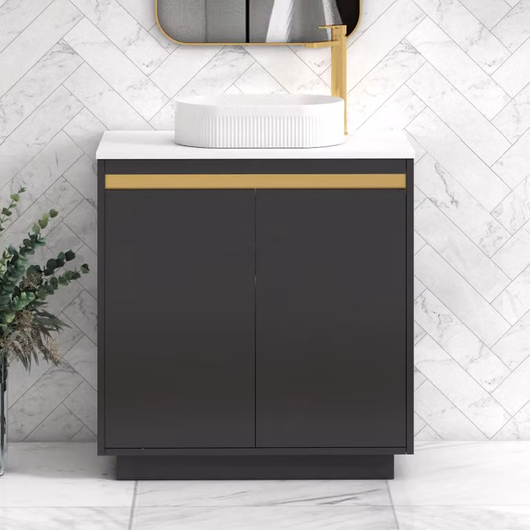 Royal Bathrooms Orion 800mm Matt Obsidian Black Floor Standing 2 Door Vanity Unit with Plain White Countertop, Lyon Basin and Brushed Brass Accent Trim