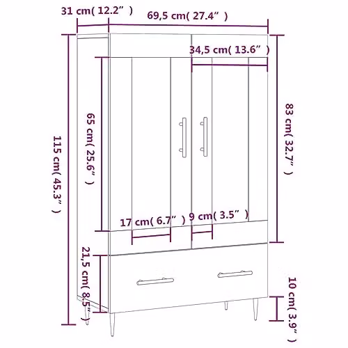 vidaXL Modern Grey Highboard with Glass Doors and Internal Shelves, W/D/H: 69.5 x 31.0 x 115.0 cm – 3