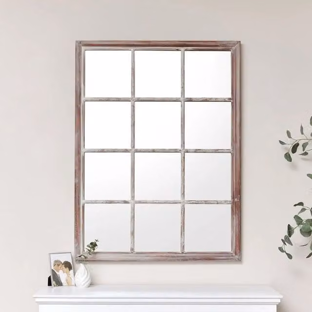 Melody Maison Large Rustic Wooden Window Wall Mirror in Brown, W: 120 cm, H: 90 cm