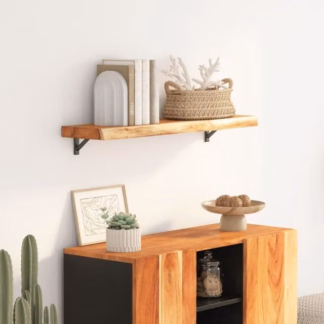 Berkfield Home Rectangular Acacia Solid Wood Wall Shelf with Live Edge in Brown, W: 100 cm, D: 30 cm, H: 2.5 cm