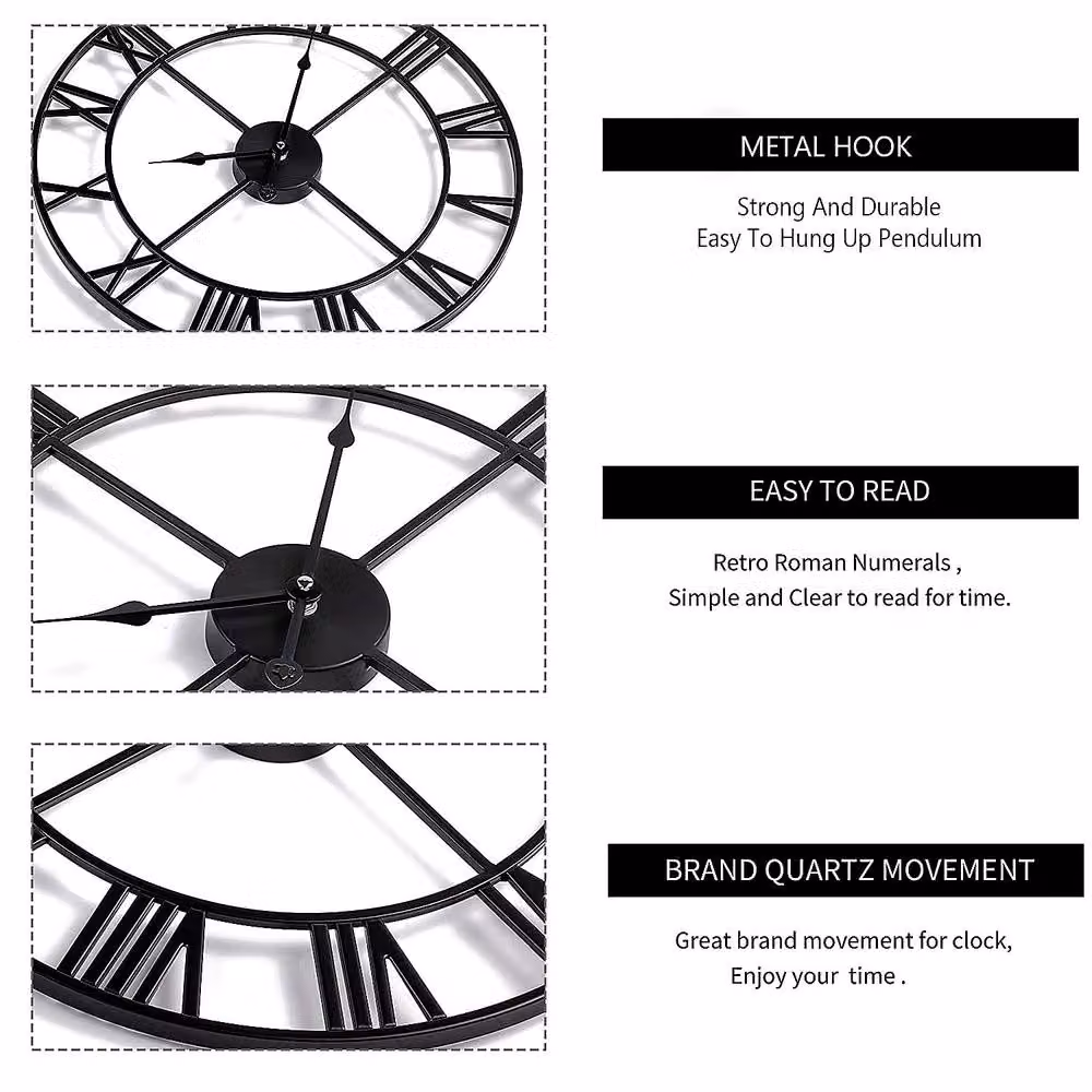 YnysTec Large Skeleton Metal Wall Clock with Roman Numerals in Black, Diameter: 80 cm – 3