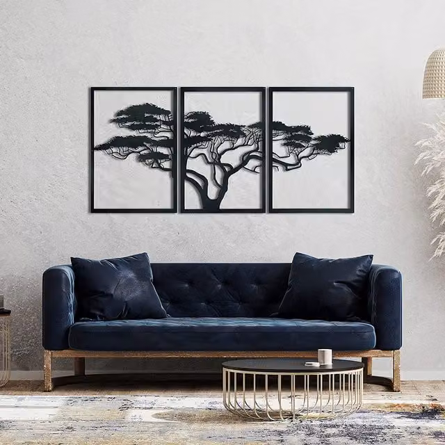 Decortie Afrika Agaci Metal Wall Art, Black Floral and Leaf Design, W: 195 cm, H: 96 cm