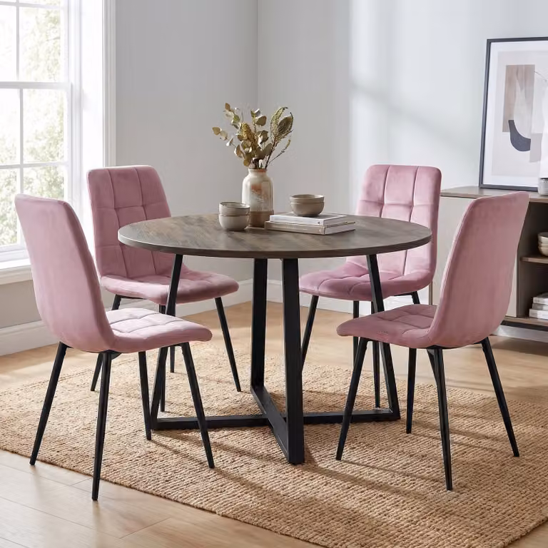 DHS Kyvon Round Dining Table Set with 4 Pink and Black Chairs