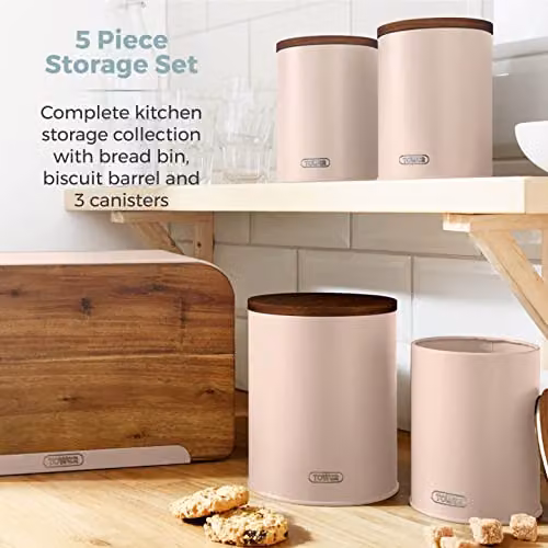 Tower Scandi 5 Piece Acacia Wood Kitchen Storage Set in Pink and Grey – 3
