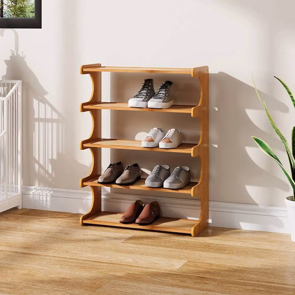 PAWNORA 5 Tier Brown Bamboo Wooden Shoe Rack and Hallway Storage Organiser, Width: 100 cm – 4