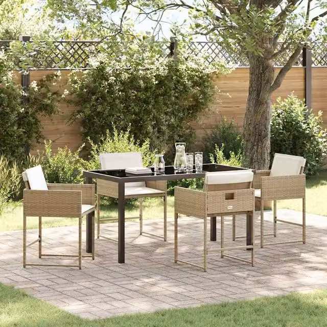 Berkfield Home 5-Piece Beige Poly Rattan Garden Dining Set with Glass Top – 1