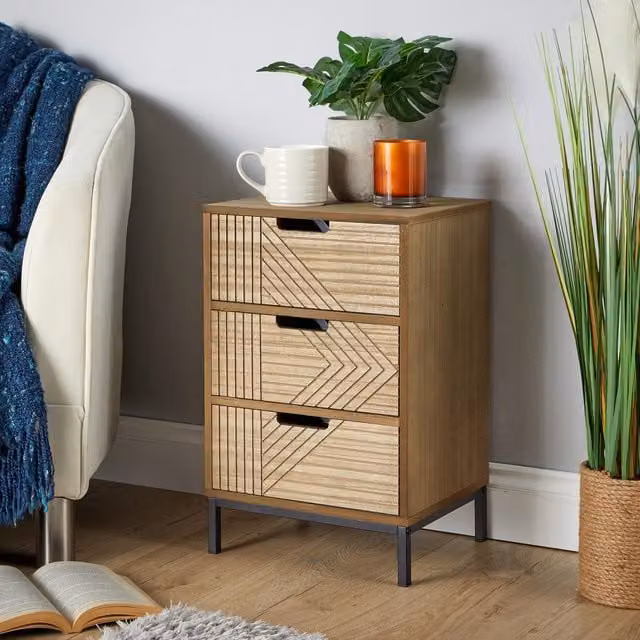 Home Source Solid Chest with 3 Storage Drawers in Brown featuring a Geometric Design