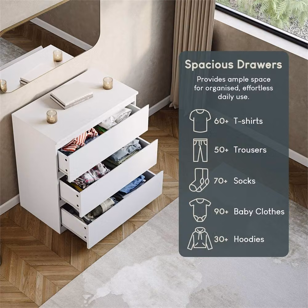 NESTLUNE White 3 Drawer Chest of Drawers Storage Cabinet W: 100 cm, D: 15 cm – 3