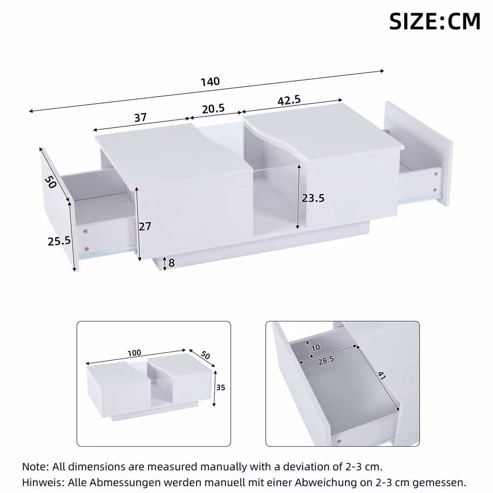 Merax Modern High Gloss LED Coffee Table with 2 Drawers and Acrylic Top, White, W/D/H: 100 x 50 x 40 cm – 2