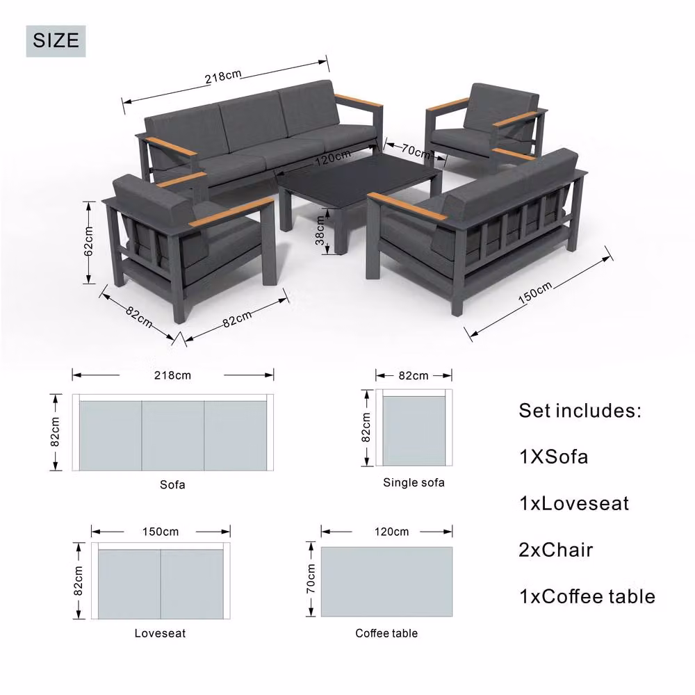 Mimo 5-Piece Outdoor Sofa Set with Teak Armrests and Glass Coffee Table in Dark Grey – 3
