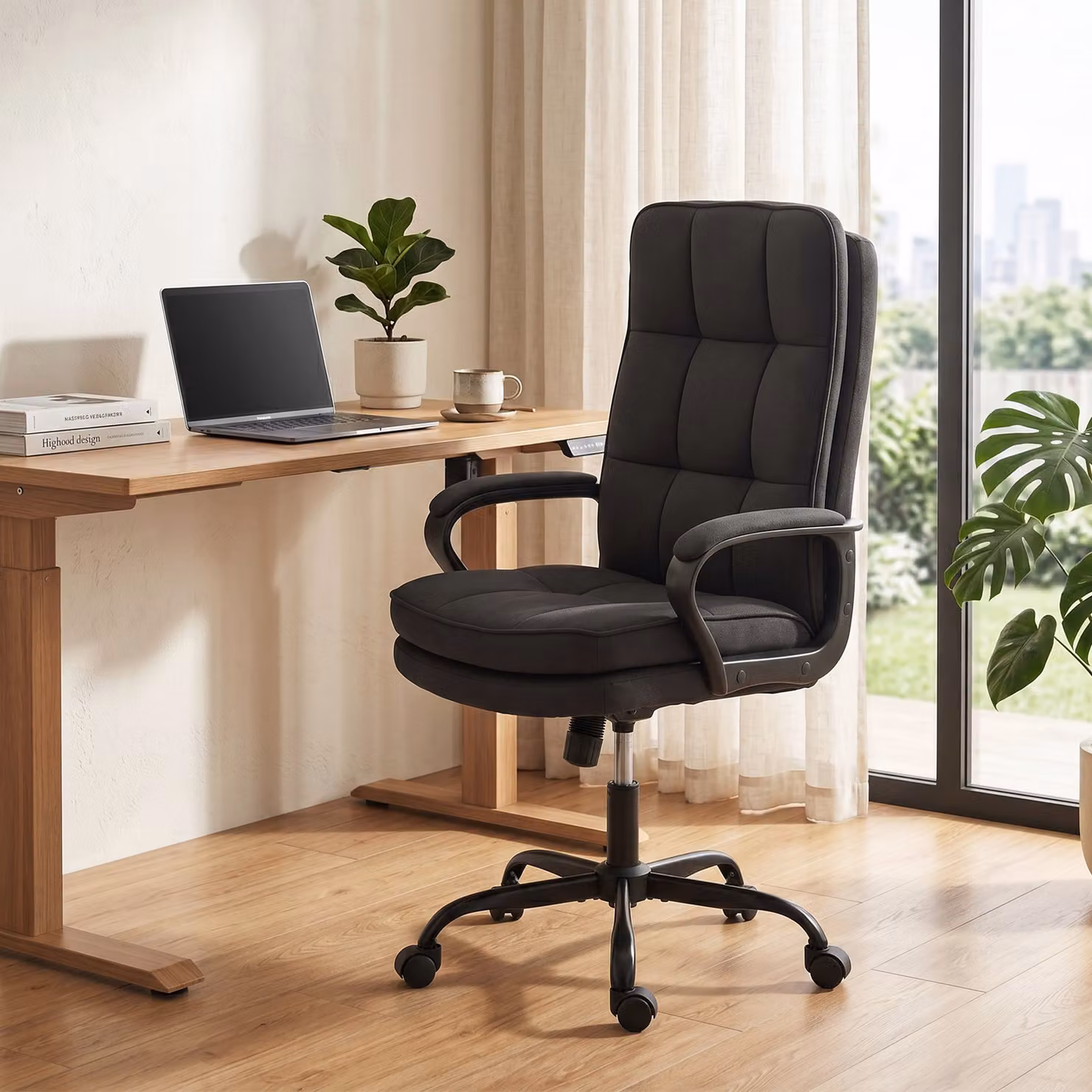 HOMCOM Black Linen-Look Double Padded Task Office Chair with Armrests and Castors – 9