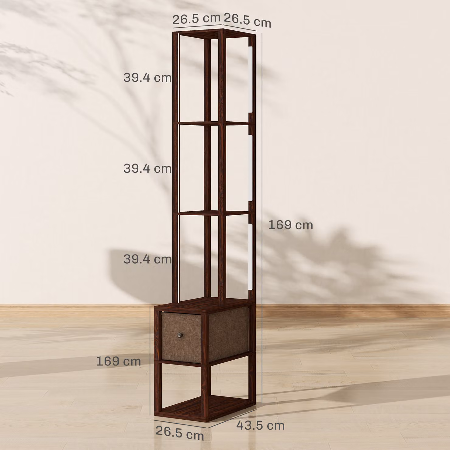 HOMCOM Modern LED Floor Lamp with Shelves and Fabric Drawer, Dimmable Warm White Column Standing Lamp in Dark Brown, H 169 x W 26.5 x D 26.5 cm – 3