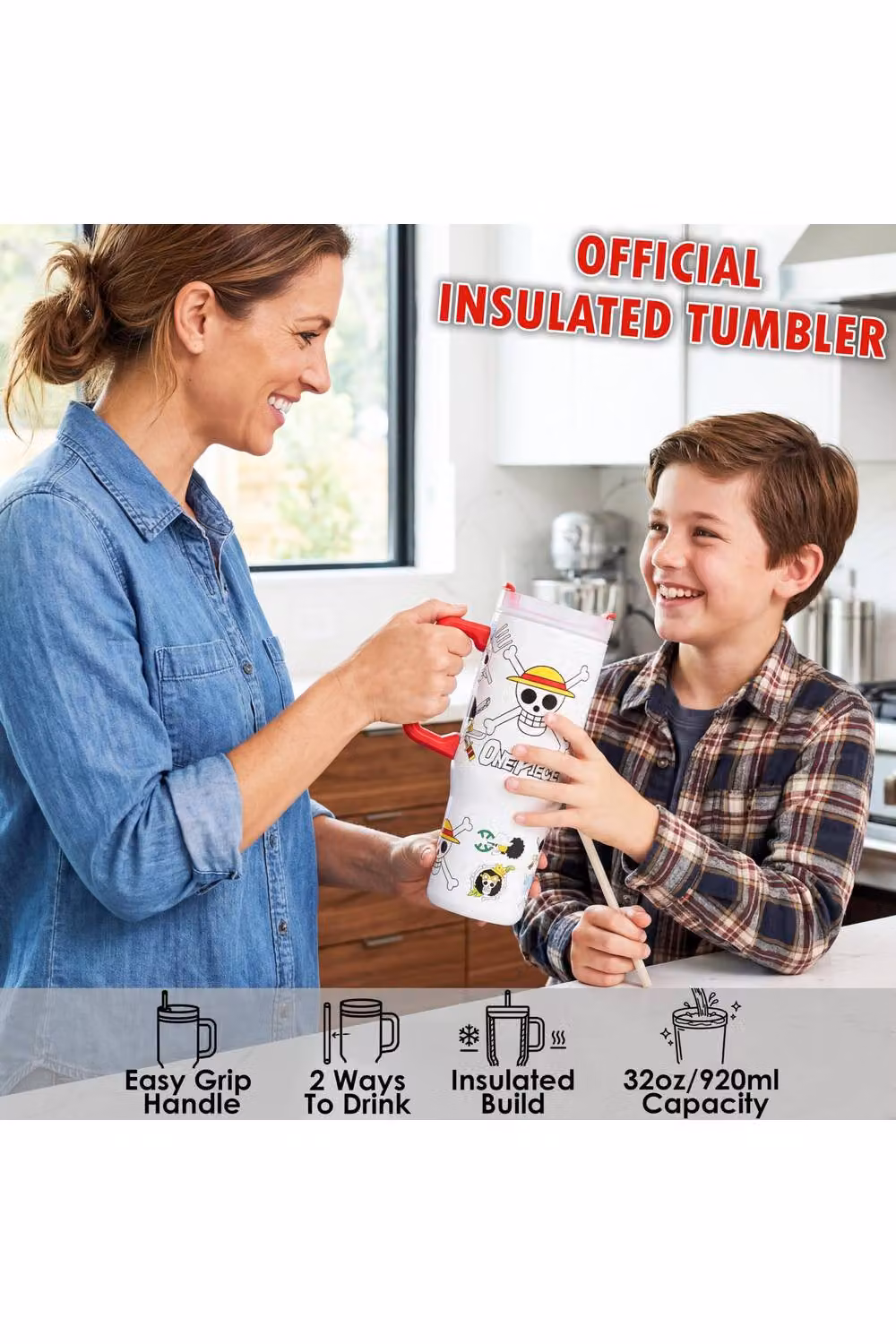 Get Trend One Piece Insulated Stainless Steel Tumbler with Straw and Handle, 920ml, Multicolour and White – 7