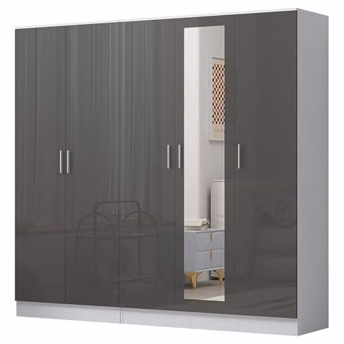 Reflect Wardrobe Bundle with 3-Door Mirror and 2-Door Plain Design in Grey Gloss and Matt White, H 188 cm x W 120 cm x D 47 cm – 2