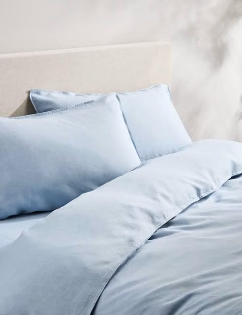 M&S Pure Linen Bedding Set in Blue Chambray, W: 90 cm x L: 190 cm