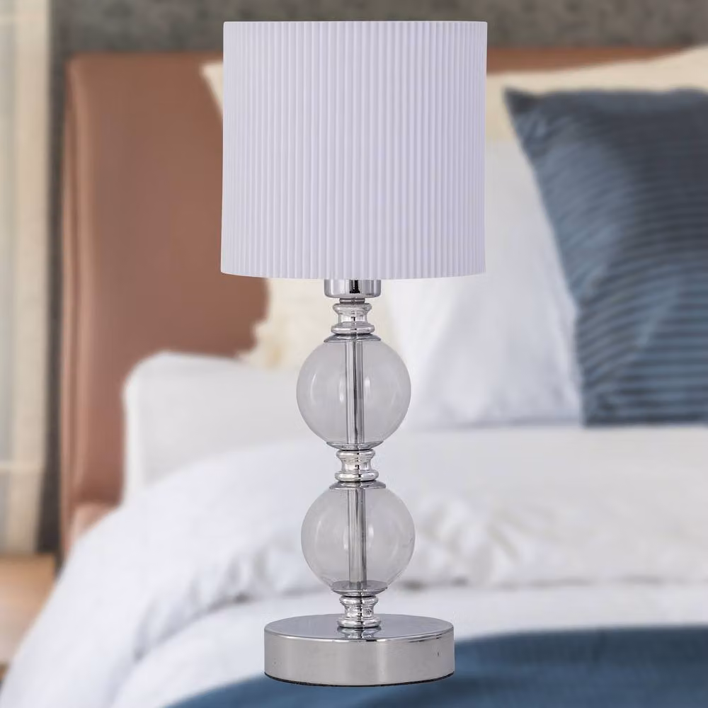 First Choice Lighting Chrome Two Ball Table Lamp with White Pleat Fabric Shade in Silver – 3
