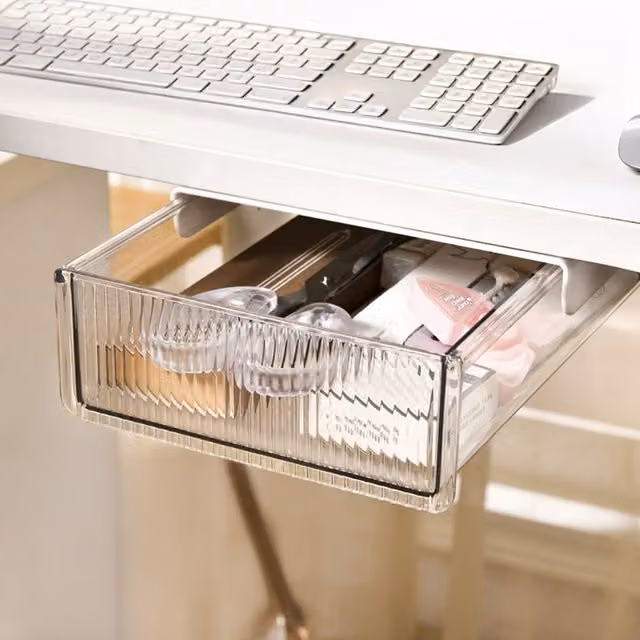 Livingandhome Under-Desk Plastic Drawer Organizer Box in White and Transparent