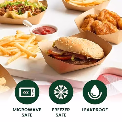 ECONX 50 Pack Brown Kraft Paper Food Trays, W: 25 cm x D: 15 cm x H: 6.5 cm – 4