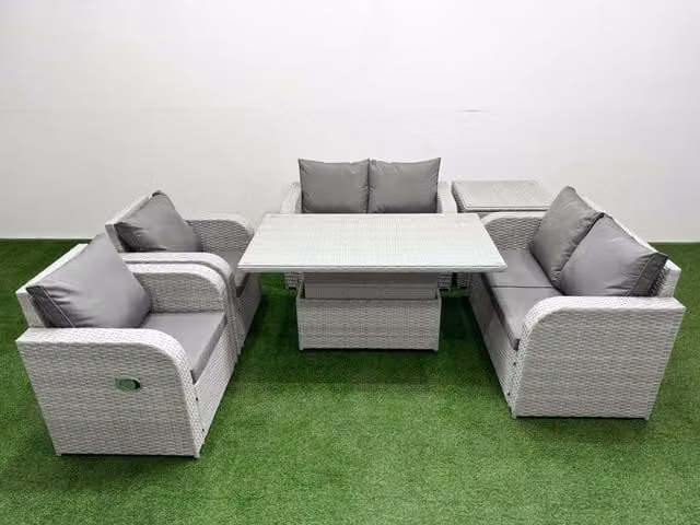 Fimous 6 Seater Rattan Garden Furniture Set in Light Grey with Reclining Chairs and Adjustable Coffee Table
