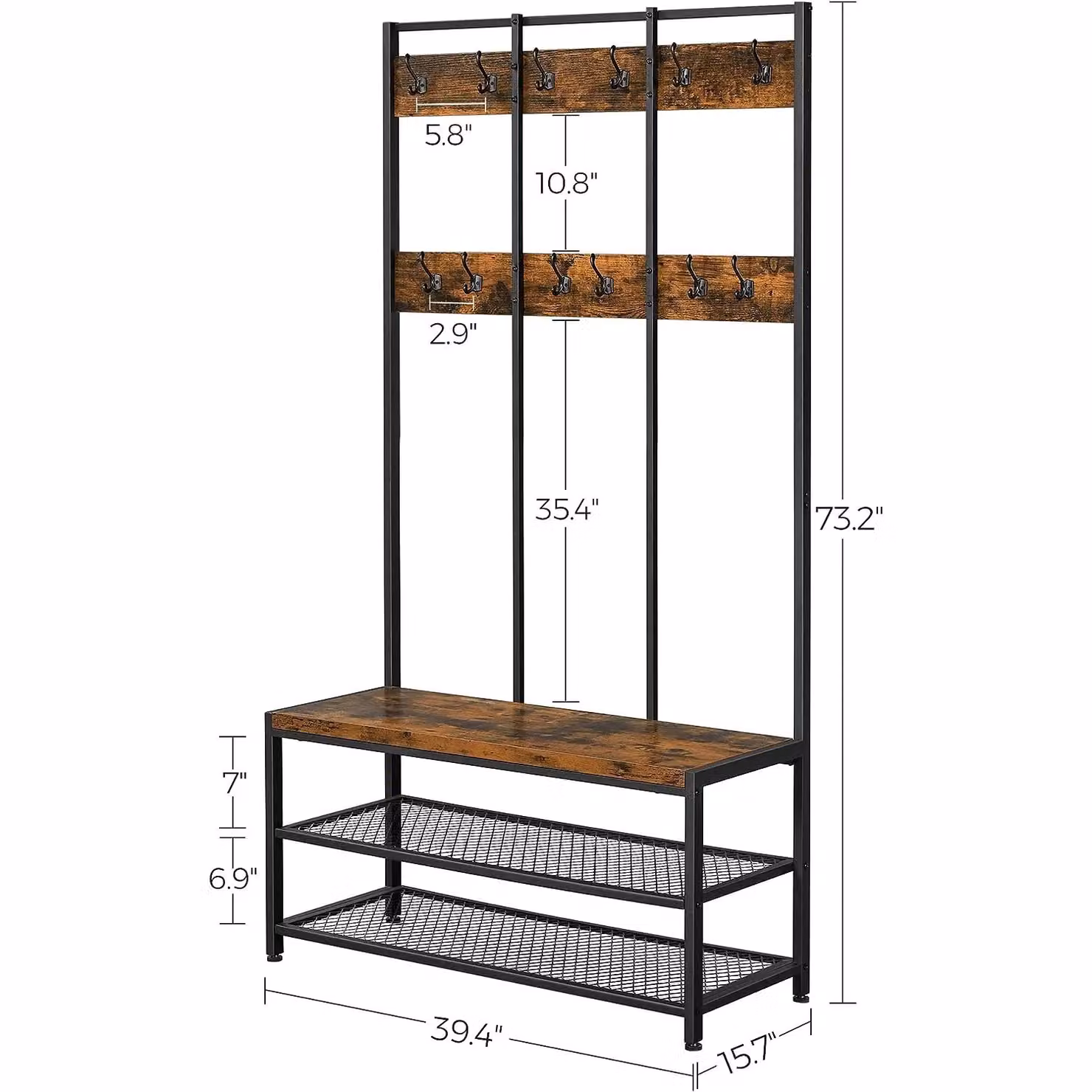 VASAGLE Industrial Hall Tree with Shoe Bench and 12 Hooks in Brown and Black – 2