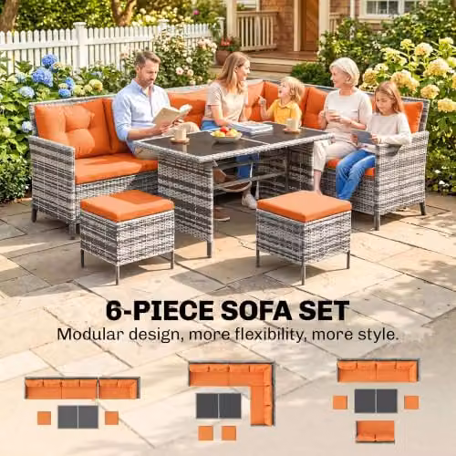 Outsunny 6-Piece L-Shape Polyrattan Garden Furniture Set with Orange Cushions and Coffee Table for 8 Adults – 3