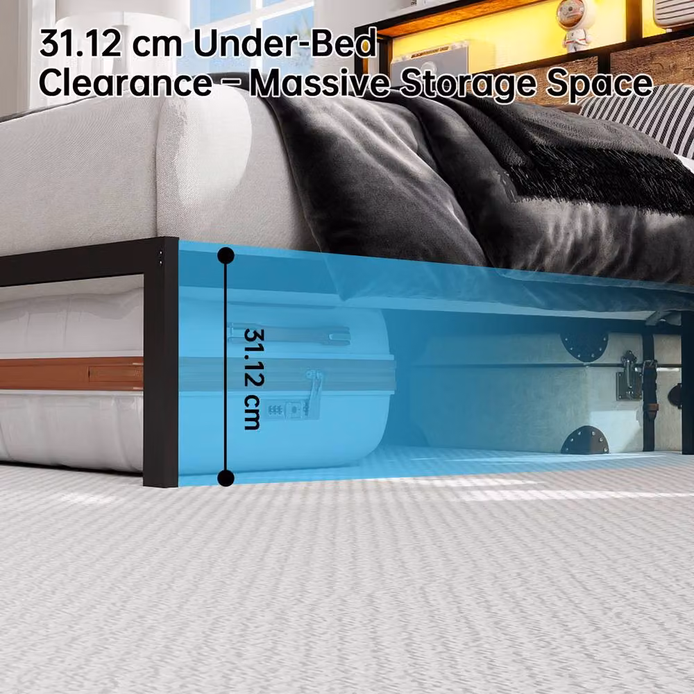 Matteo Modern Metal Double Bed Frame in Black with RGB Under-Bed Lighting and Storage Headboard – 5