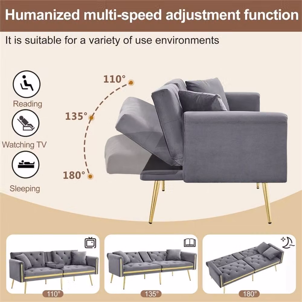 FORGEVIO Grey 2 Seater Click Clack Sofa Bed with Velvet Upholstery and Cup Holders – 3