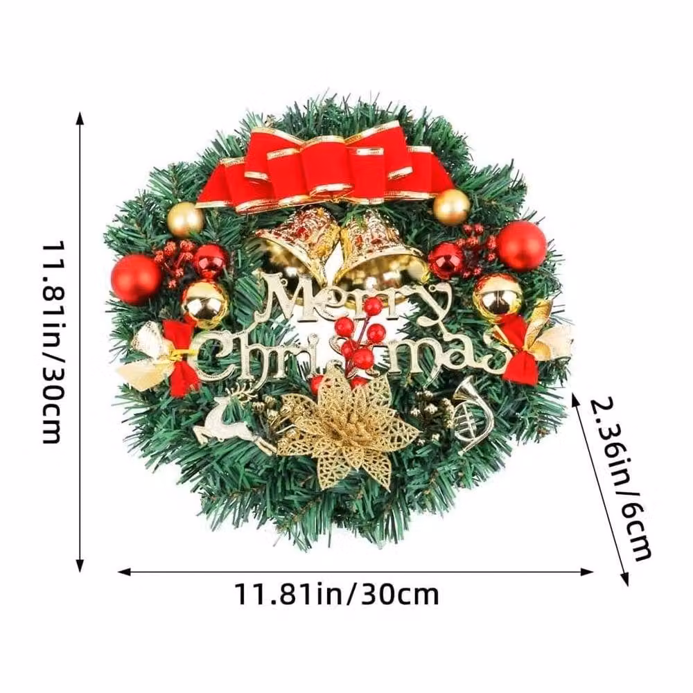 Kelvenix Christmas Wreath Garland with Bells and Bows in Green, Red and Gold – 2