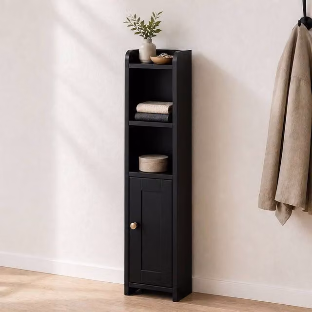 Levede Black Slim Corner Bathroom Cabinet with Adjustable Shelves and Hinged Doors