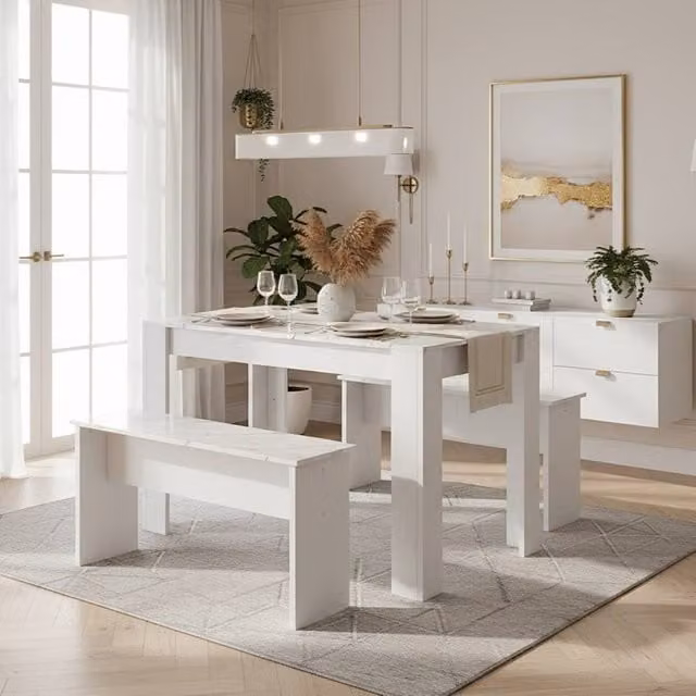 Rolipo Modern White Rectangular Dining Table and Benches Set with Composite MDF Material – 1