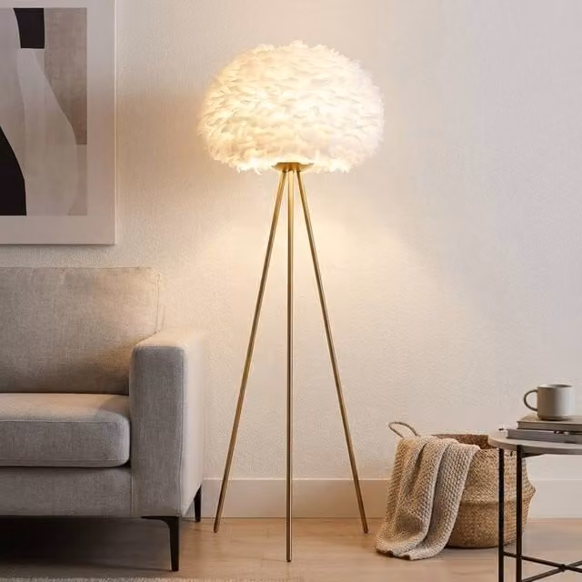 Garden Greatness Brushed Brass Feather Shade Tripod Floor Lamp in Gold and White, H 168 cm x W 60 cm x D 60 cm