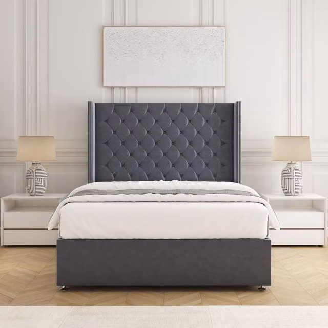 BSSPOKE Olivia Plush Velvet Divan Bed Set with 54 inch Headboard and Mattress in Charcoal Grey, W/D/H: 140 x 200 cm