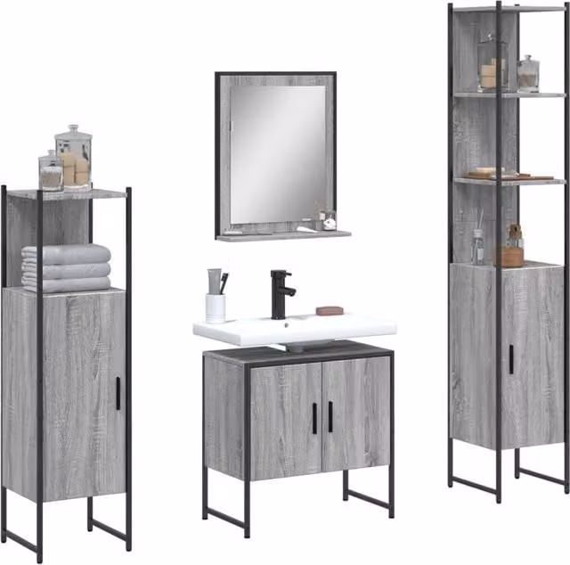 Berkfield Home 4 Piece Grey Wall Mounted Bathroom Cabinet Set with Hinged Doors and Open Shelving